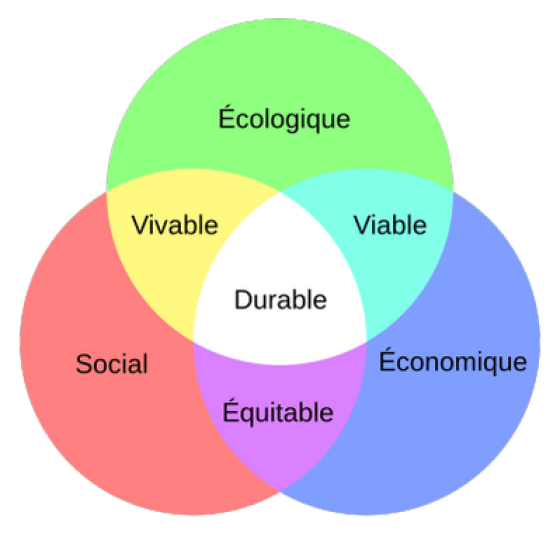 Schéma du développement durable, à la confluence de trois préoccupations, dites « les trois piliers du développement durable »