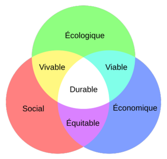 Schéma du développement durable, à la confluence de trois préoccupations, dites « les trois piliers du développement durable »